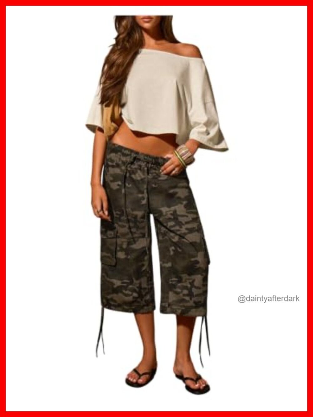 Camo Cargo Capri Jeans Wide Leg Drawstring Low Rise Denim Pants